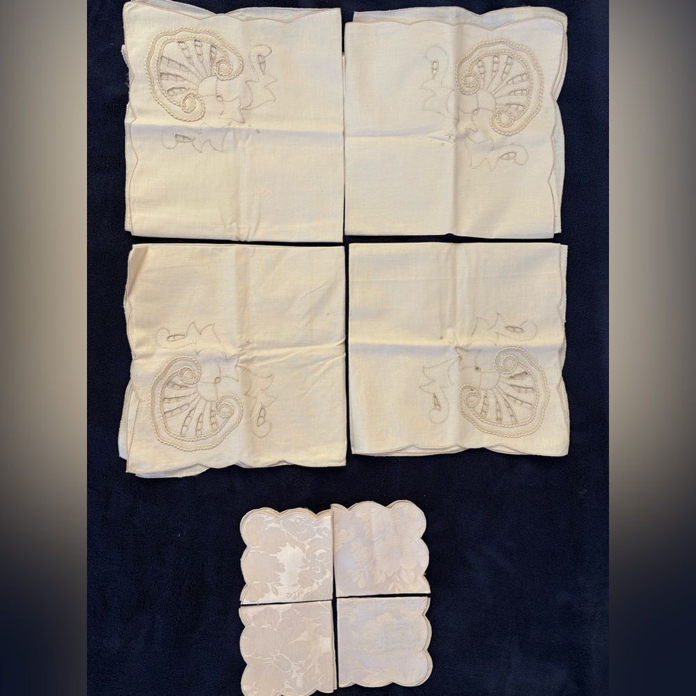 Vintage Waterford - 4 Cream 100% Linen Dinner & 4 Jacquard Damask Cocktail